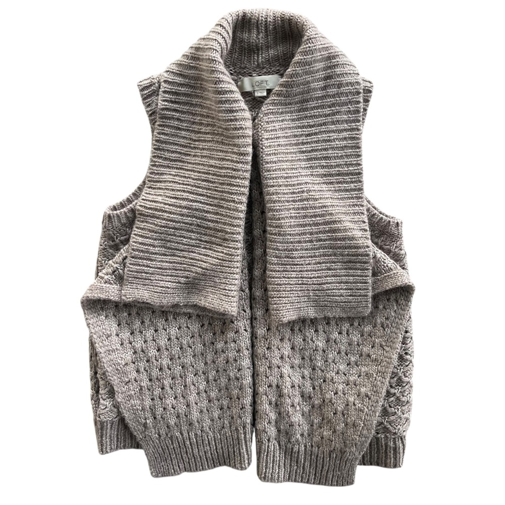 LOFT Women S Tan Neutral Texture Knit Shawl Drape Collar Open Front Sweater Vest